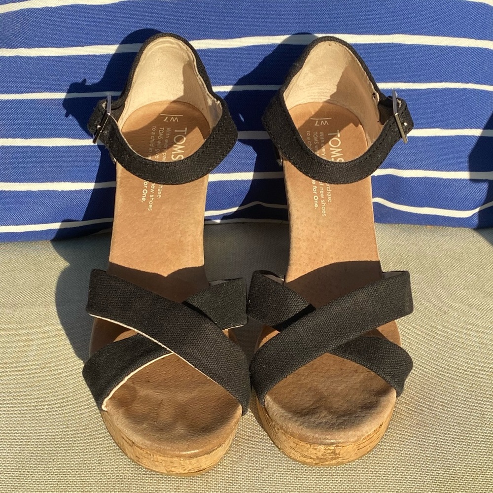 Toms Black and Cork Wedge Sandals